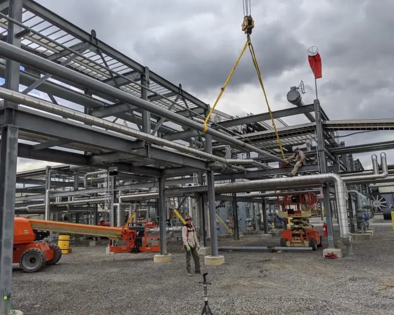 ShalePro field crew in hard hats, gloves, and fall protection building an elevated pipe rack on site